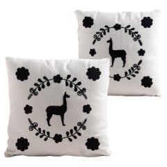 LLAMA Hand Embroidered Decorative Pillows Ivory Upholstery by ANDEAN, Set of 2