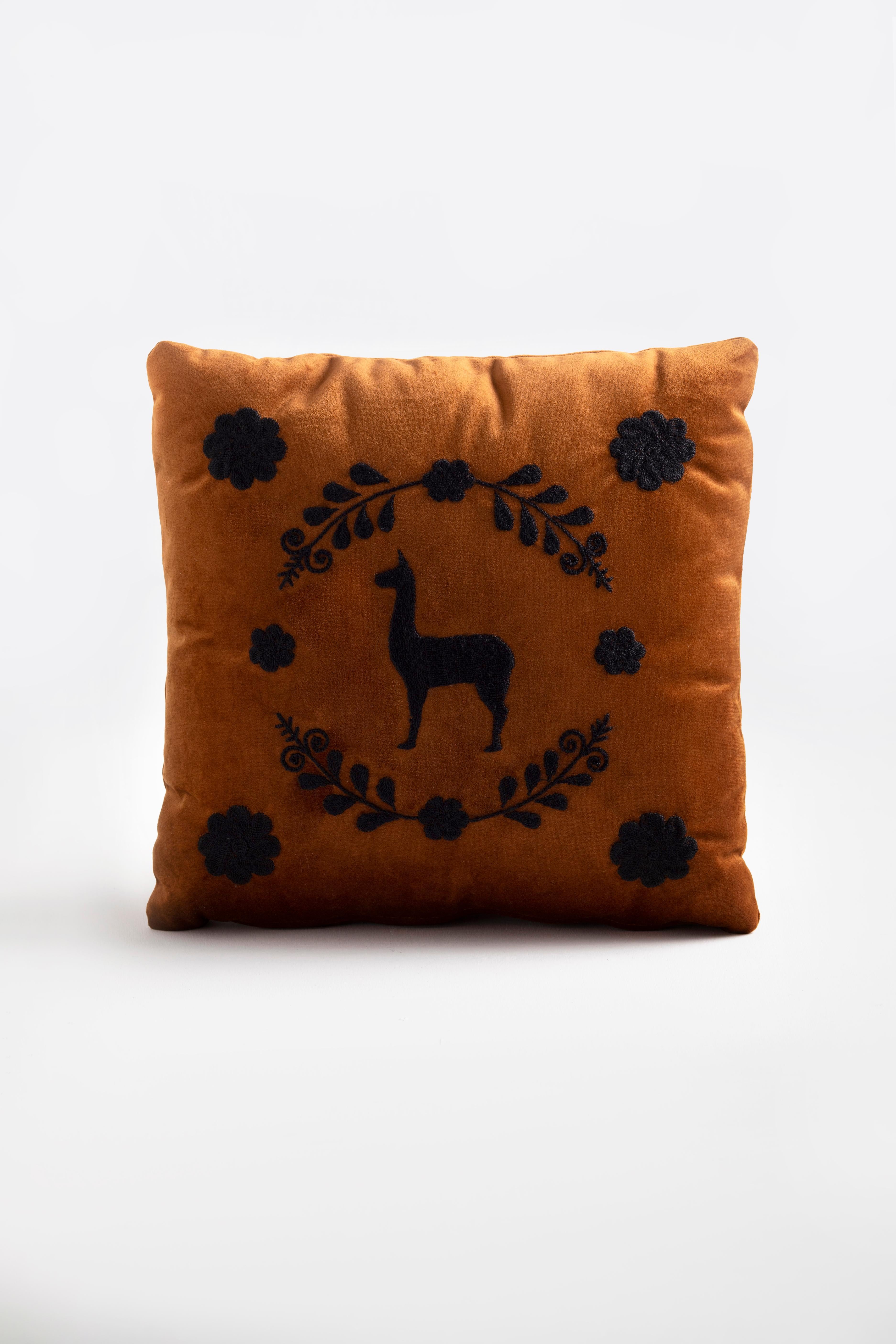 Modern LLAMA Hand Embroidered Decorative Pillows Terracota Velvet by ANDEAN, Set of 2 For Sale