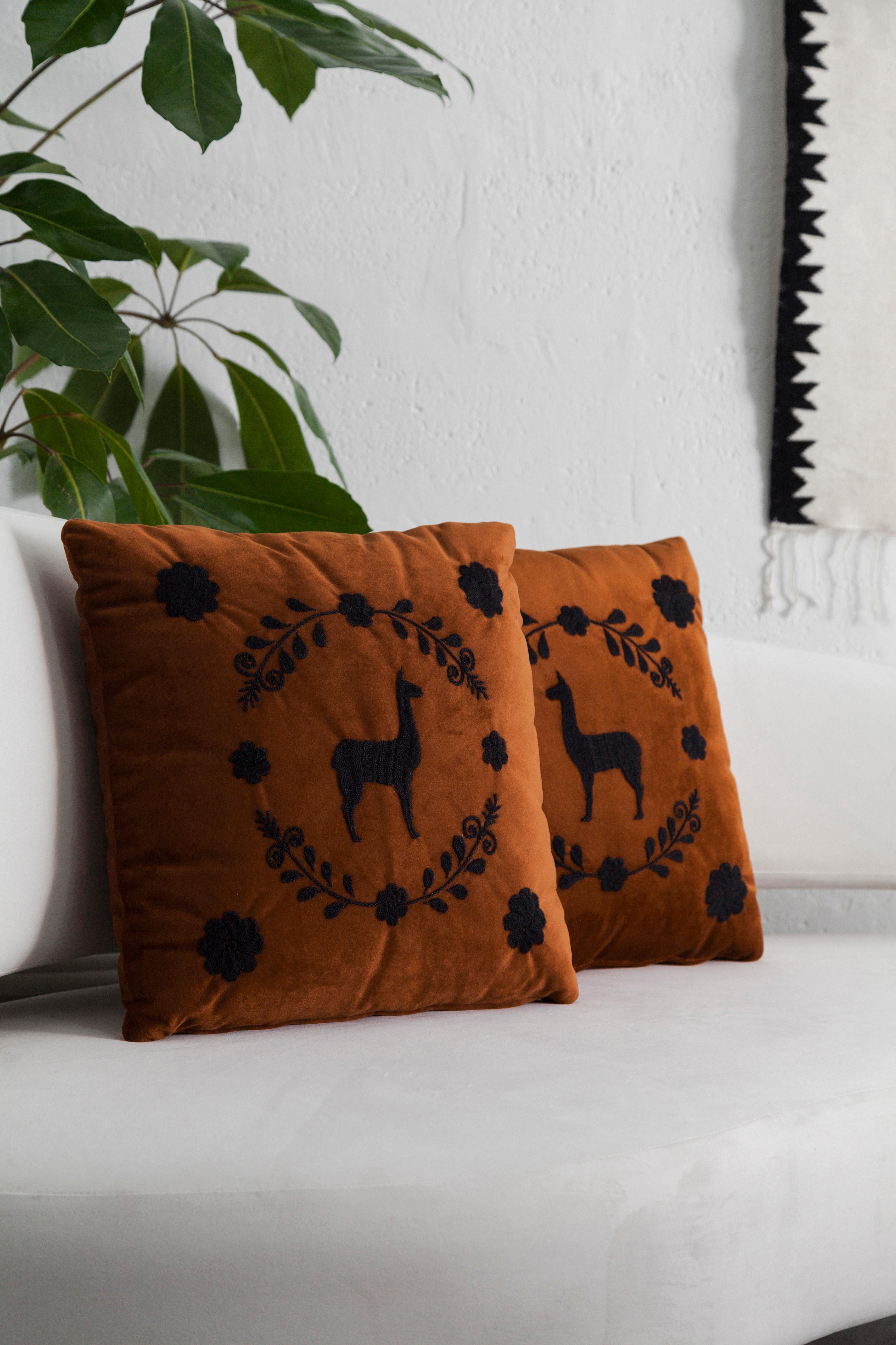 Upholstery LLAMA Hand Embroidered Decorative Pillows Terracota Velvet by ANDEAN, Set of 2 For Sale