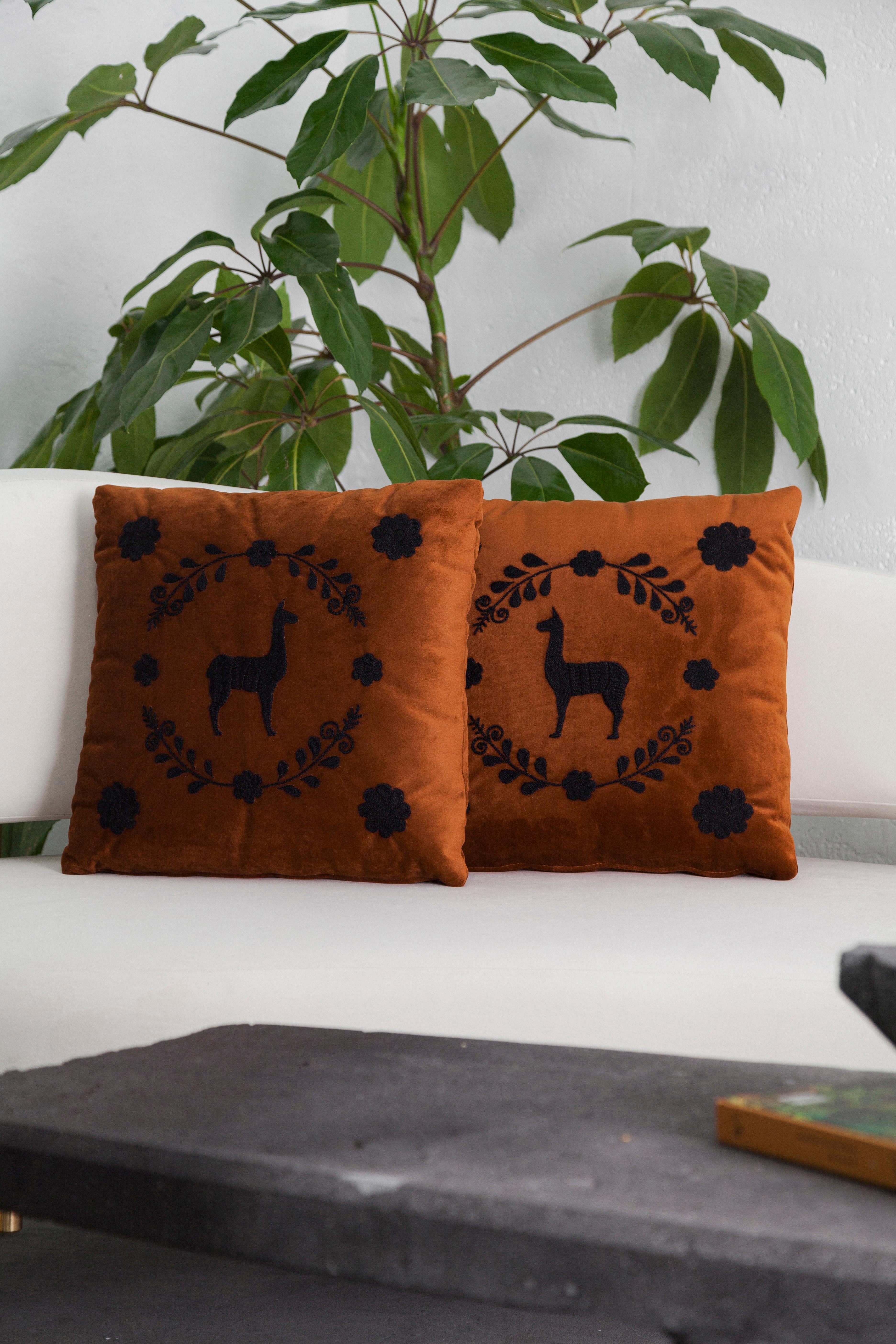 LLAMA Hand Embroidered Decorative Pillows Terracota Velvet by ANDEAN, Set of 2 For Sale 1