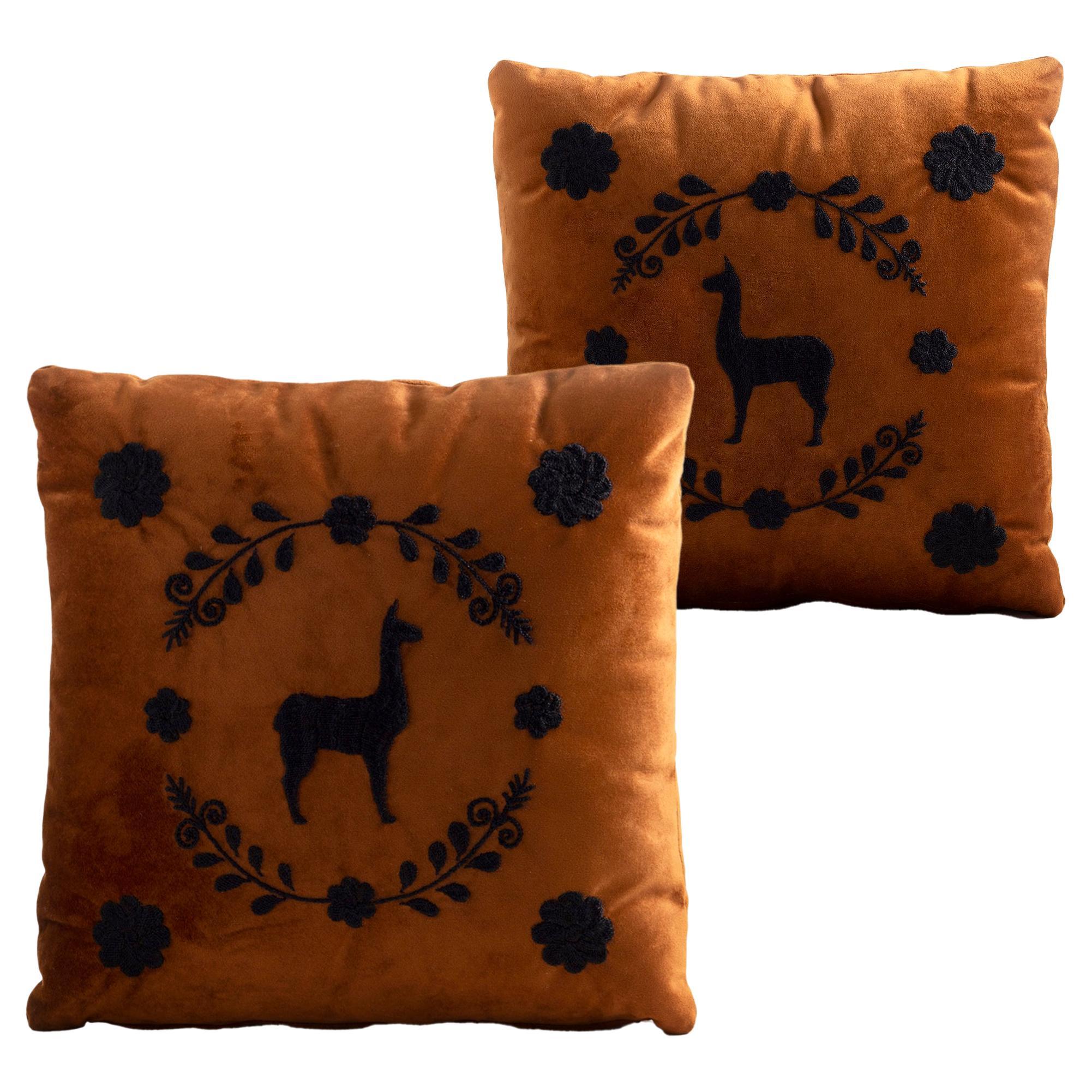 LLAMA Hand Embroidered Decorative Pillows Terracota Velvet by ANDEAN, Set of 2 For Sale