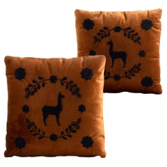 LLAMA Hand Embroidered Decorative Pillows Terracota Velvet by ANDEAN, Set of 2