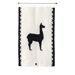LLAMA Sheep Wool Handwoven Tapestry, Aged Bronze Wall Mount, Ivory