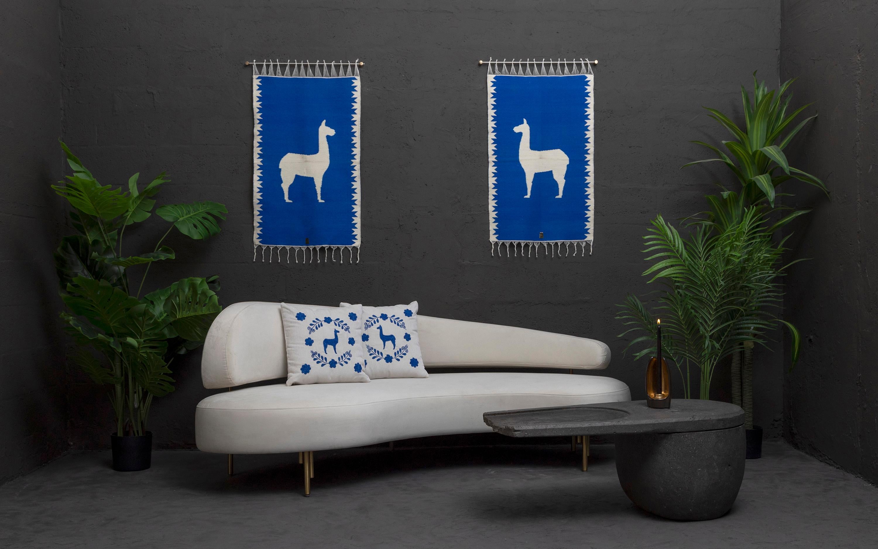 Ecuadorean LLAMA Sheep Wool Handwoven Tapestry, Aged Bronze Wall Mount, Lapis Blue For Sale