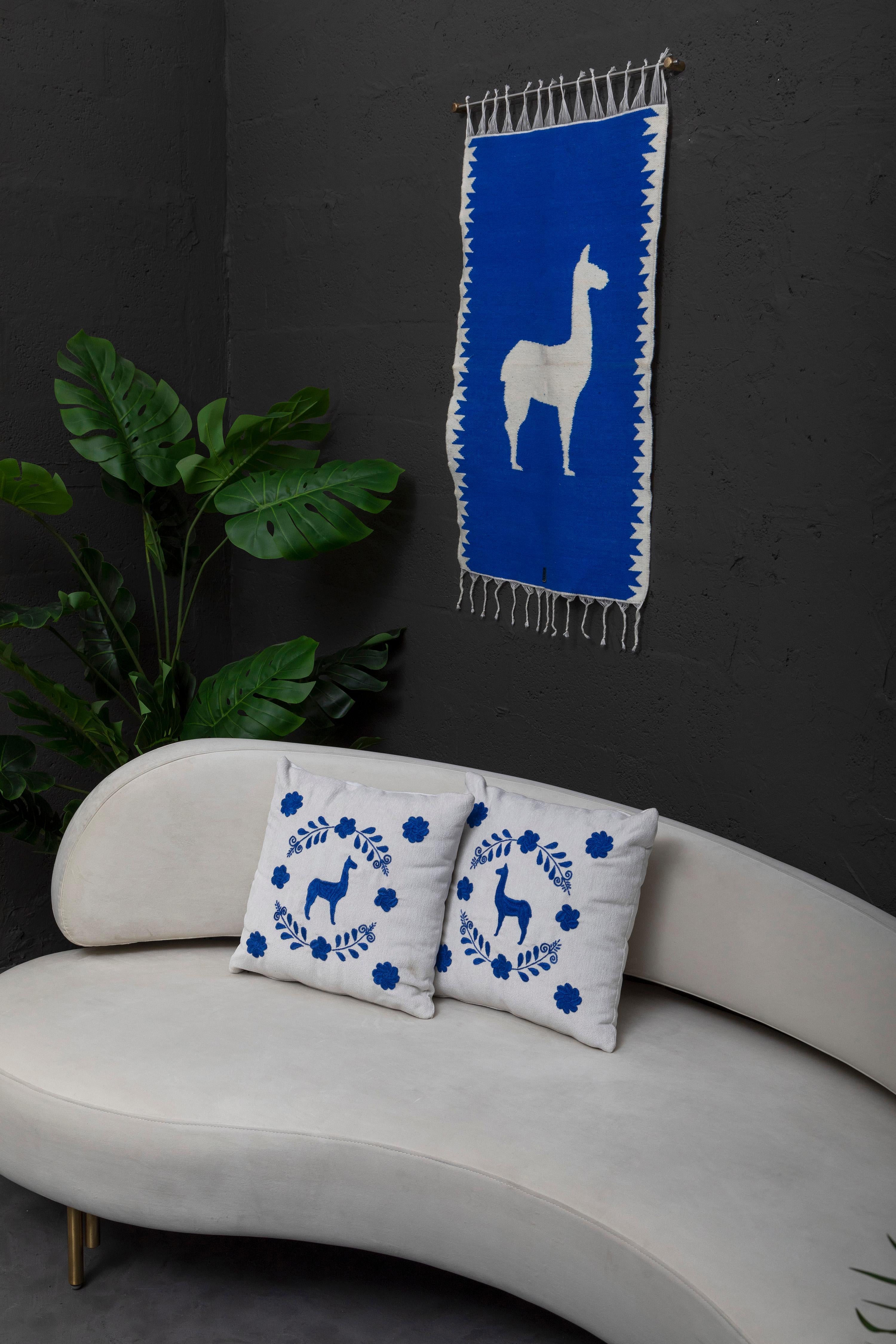 Hand-Woven LLAMA Sheep Wool Handwoven Tapestry, Aged Bronze Wall Mount, Lapis Blue For Sale