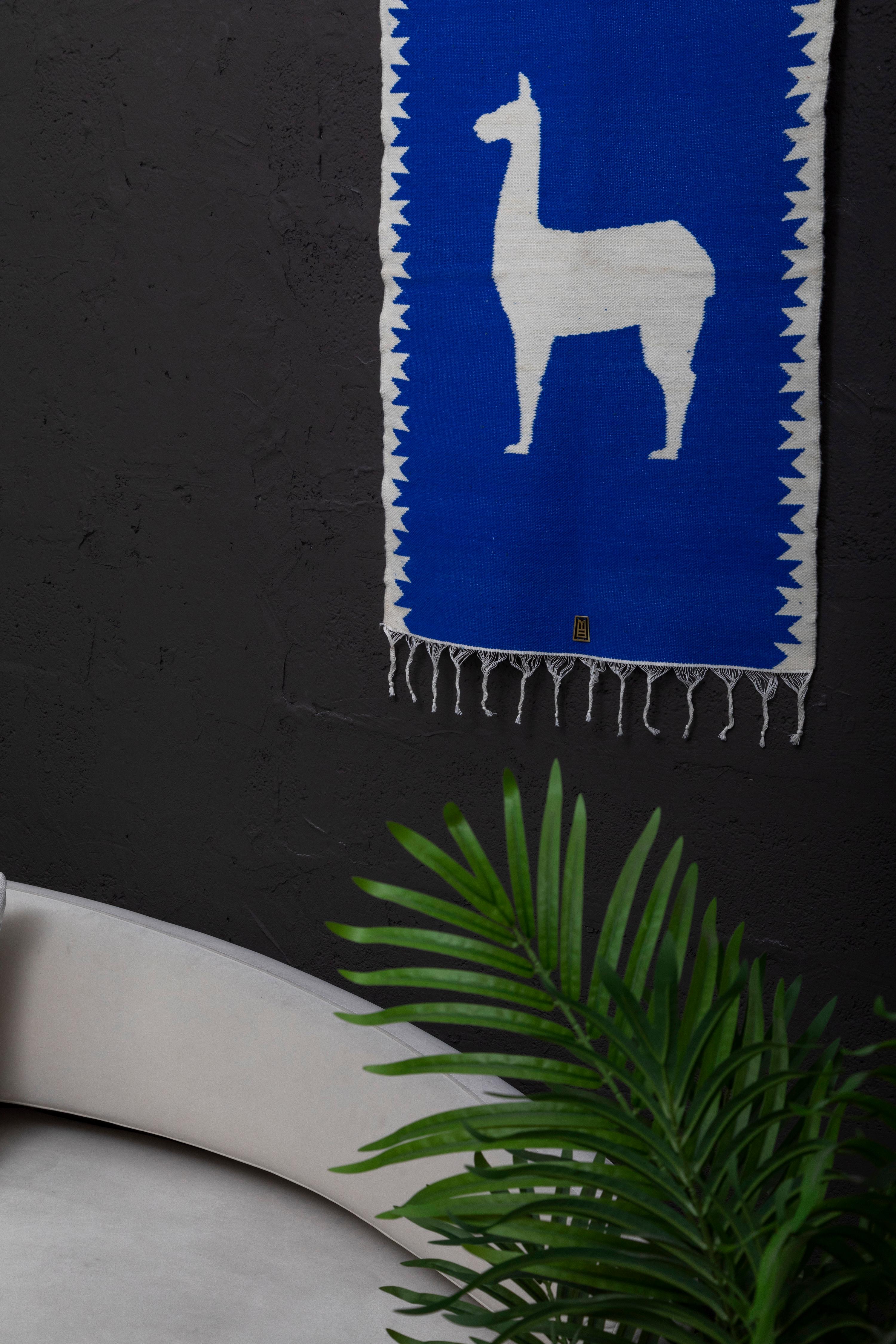 LLAMA Sheep Wool Handwoven Tapestry, Aged Bronze Wall Mount, Lapis Blue In New Condition For Sale In Quito, Pichincha