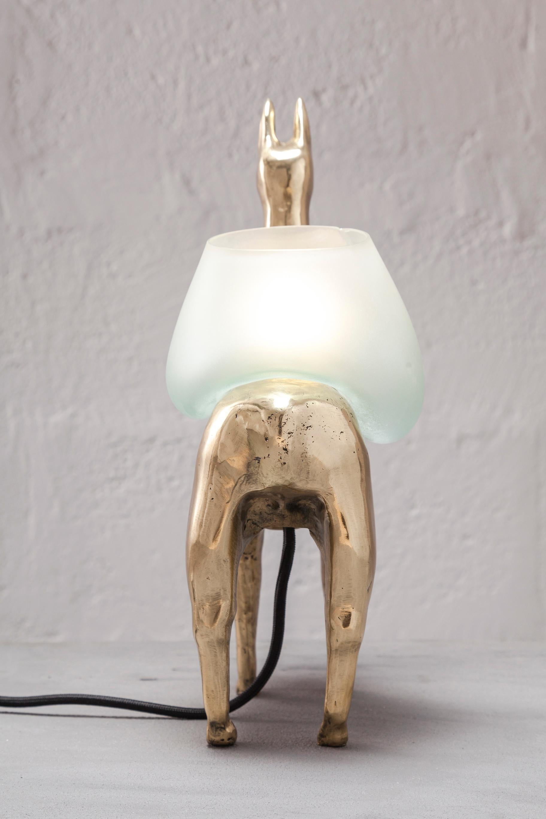 Pre-Columbian LLAMA Table Lamp in Casted Bronze and Handblown Glass by ANDEAN, In Stock For Sale