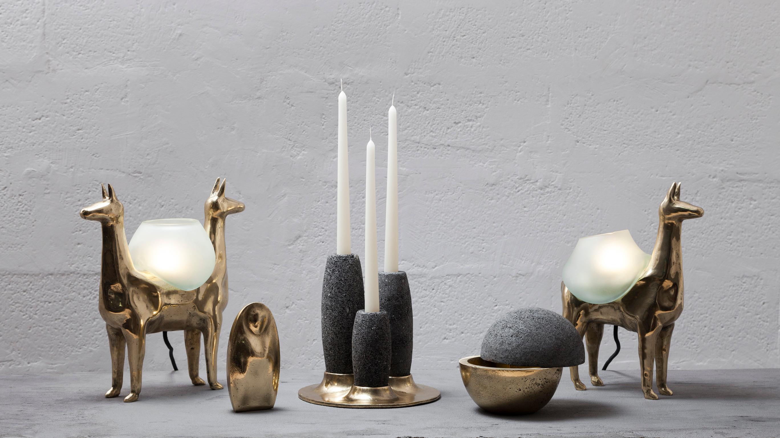 Ecuadorean LLAMA Table Lamp in Casted Bronze and Handblown Glass by ANDEAN, In Stock For Sale