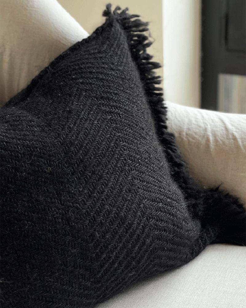 Hand-Woven Llama Wool Handwoven Black Fringe Llama Pillow, in Stock For Sale