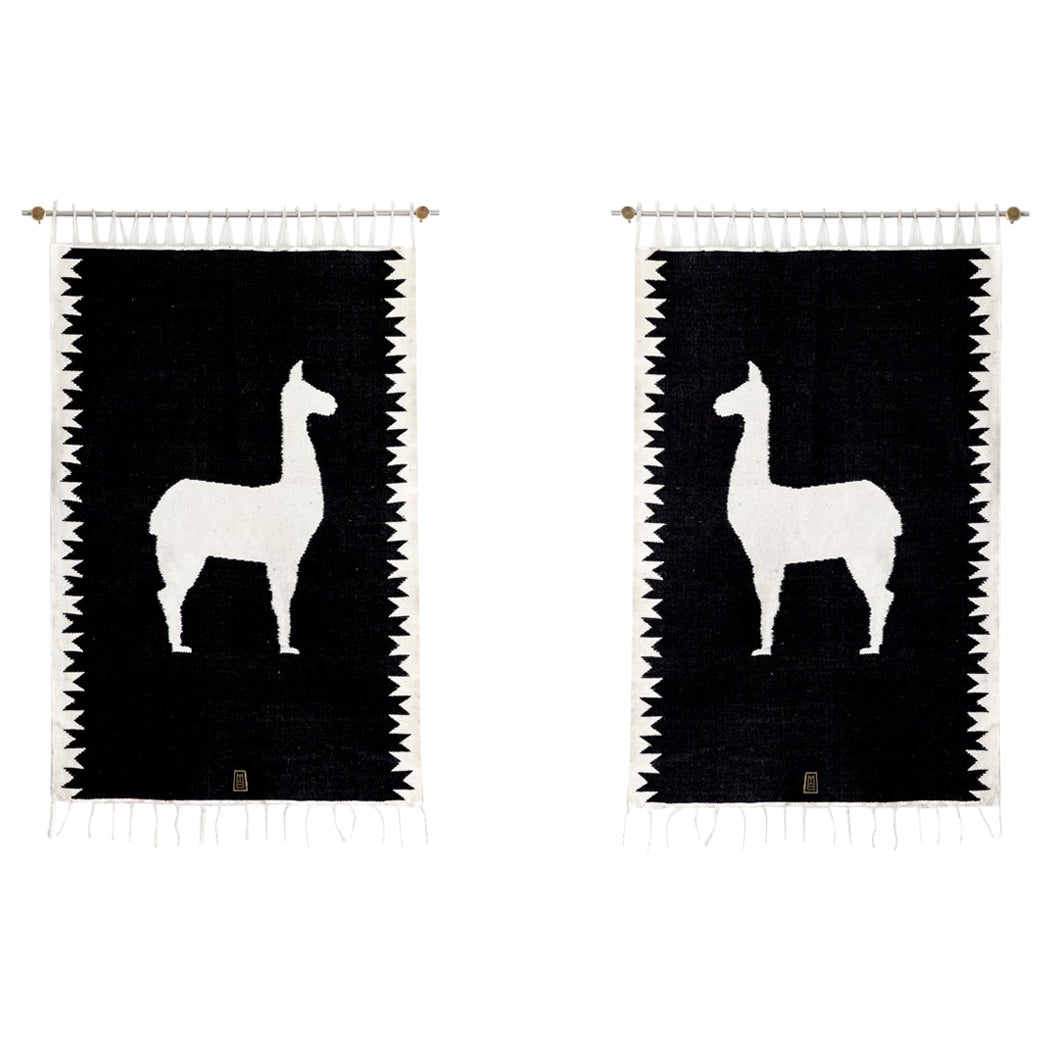 LLAMAS Sheep Wool Handwoven Tapestries, Aged Bronze Wall Mount, Black, Set of 2