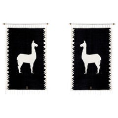 LLAMAS Sheep Wool Handwoven Tapestries, Aged Bronze Wall Mount, Black, Set of 2