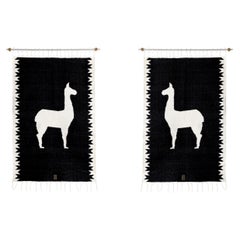 LLAMAS Sheep Wool Handwoven Tapestries, Aged Bronze Wall Mount, Black, Set of 2