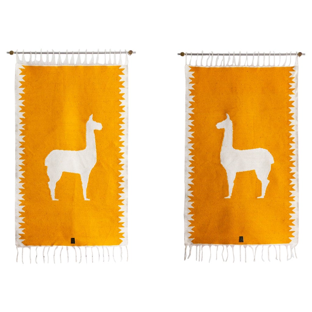 LLAMAS Sheep Wool Handwoven Tapestries, Aged Bronze Wall Mount, Ochre, Set of 2 For Sale