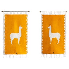 Tapisseries LLAMAS tissées à la main en laine de moutons, monture murale en bronze vieilli, ocre, lot de 2