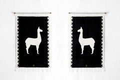 LLAMAS Sheep Wool Handwoven Tapestries, Aged Bronze Wall Mount, Black, Set of 2
