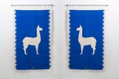 LLAMAS Sheep Wool Handwoven Tapestries, Aged Bronze Wall Mount, Lapis Blue