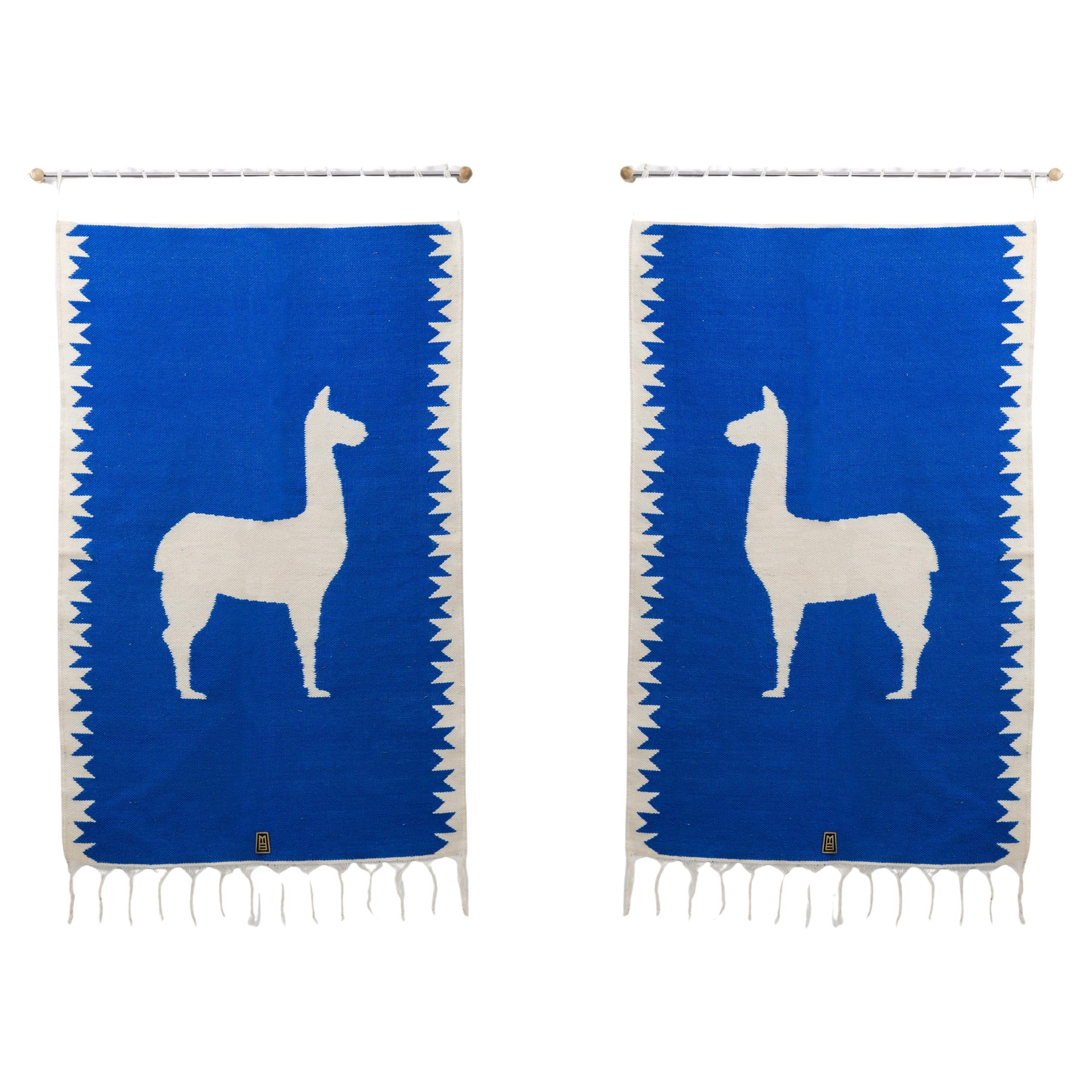 LLAMAS Sheep Wool Handwoven Tapestries, Aged Bronze Wall Mount, Lapis Blue