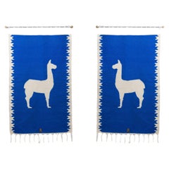 LLAMAS Sheep Wool Handwoven Tapestries, Aged Bronze Wall Mount, Lapis Blue