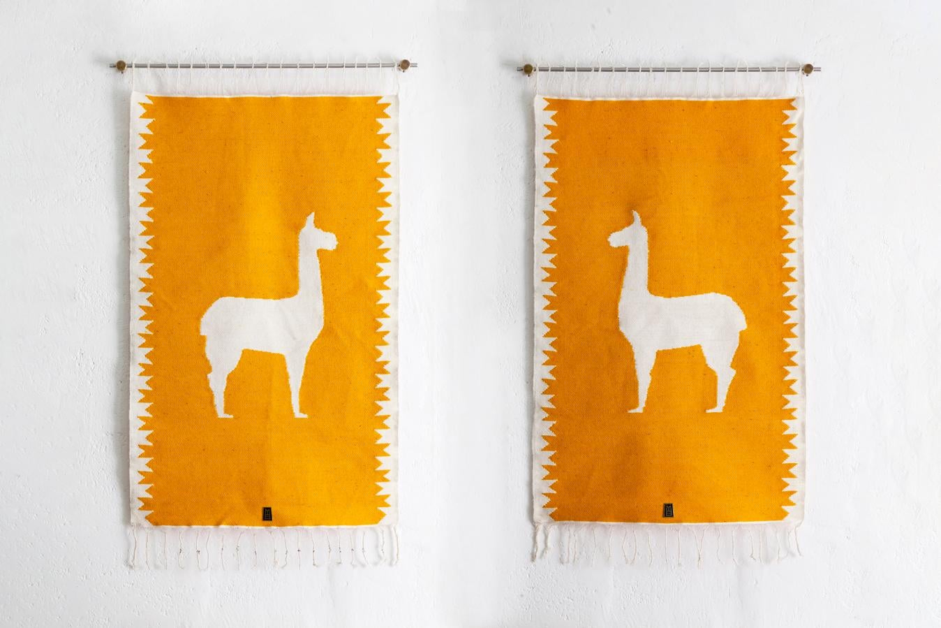 Handwoven sheep wool mirrored tapestries with wall-mounting lathed bronze bases, and stainless steel rod.

Capturing the essence of the Andes, these pieces are created using ancient weaving techniques yet loomed through an innovative approach to