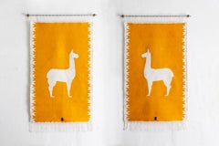 LLAMAS Sheep Wool Handwoven Tapestries, Aged Bronze Wall Mount, Ochre, Set of 2