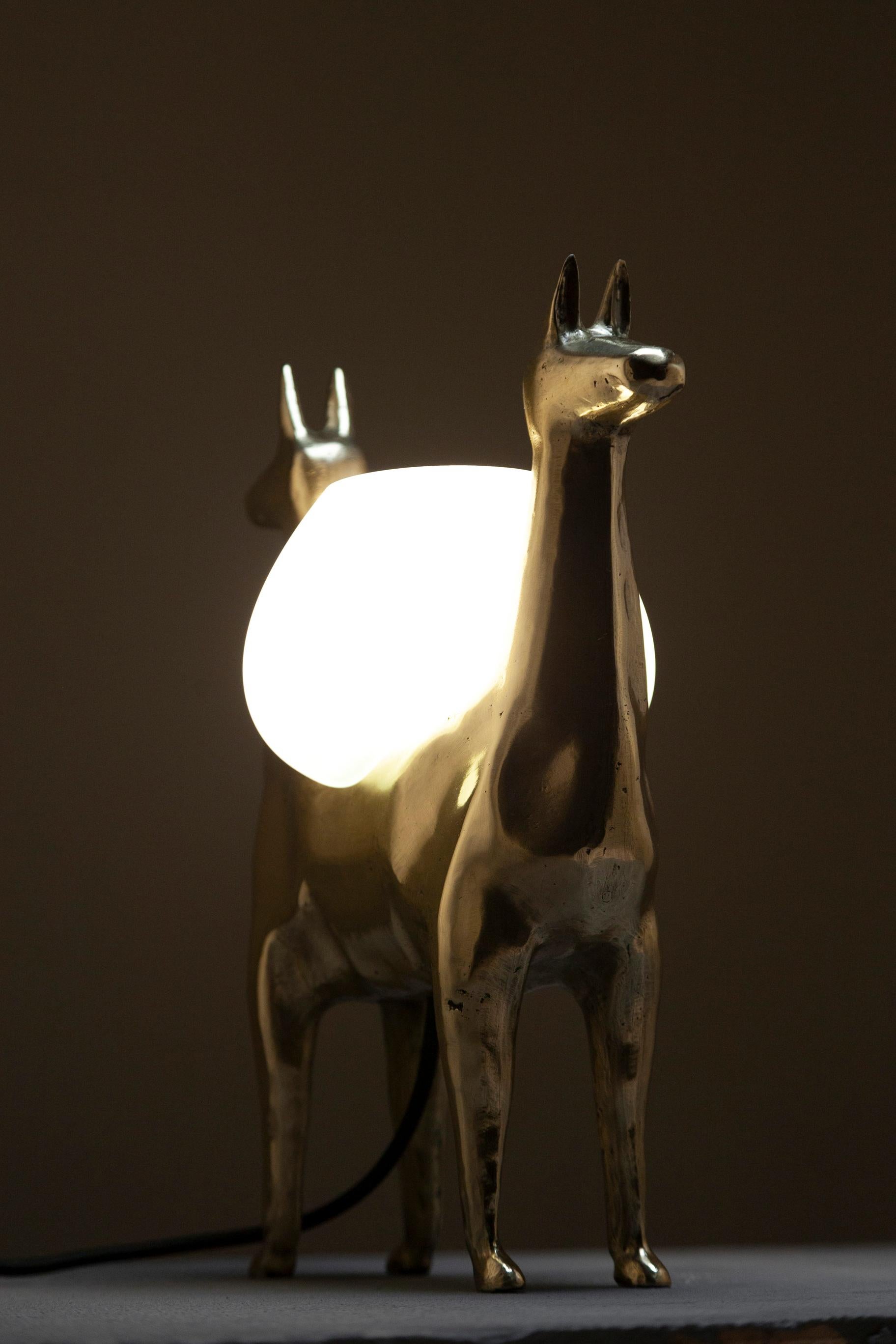 Pre-Columbian LLAMAS Table Lamp in Casted Bronze and Handblown Glass by ANDEAN, In Stock For Sale