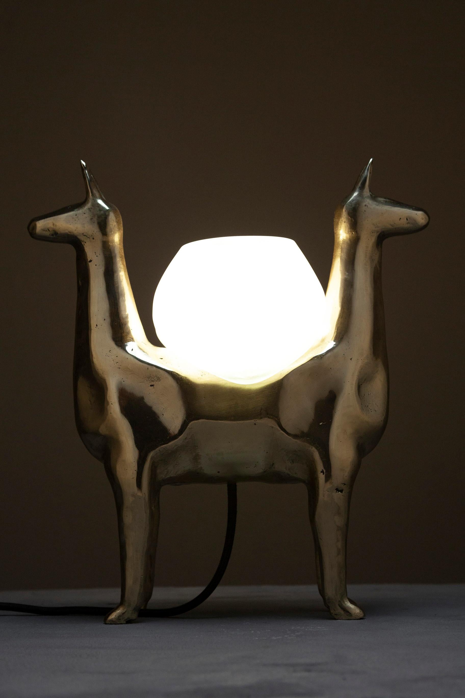 Ecuadorean LLAMAS Table Lamp in Casted Bronze and Handblown Glass by ANDEAN, In Stock For Sale