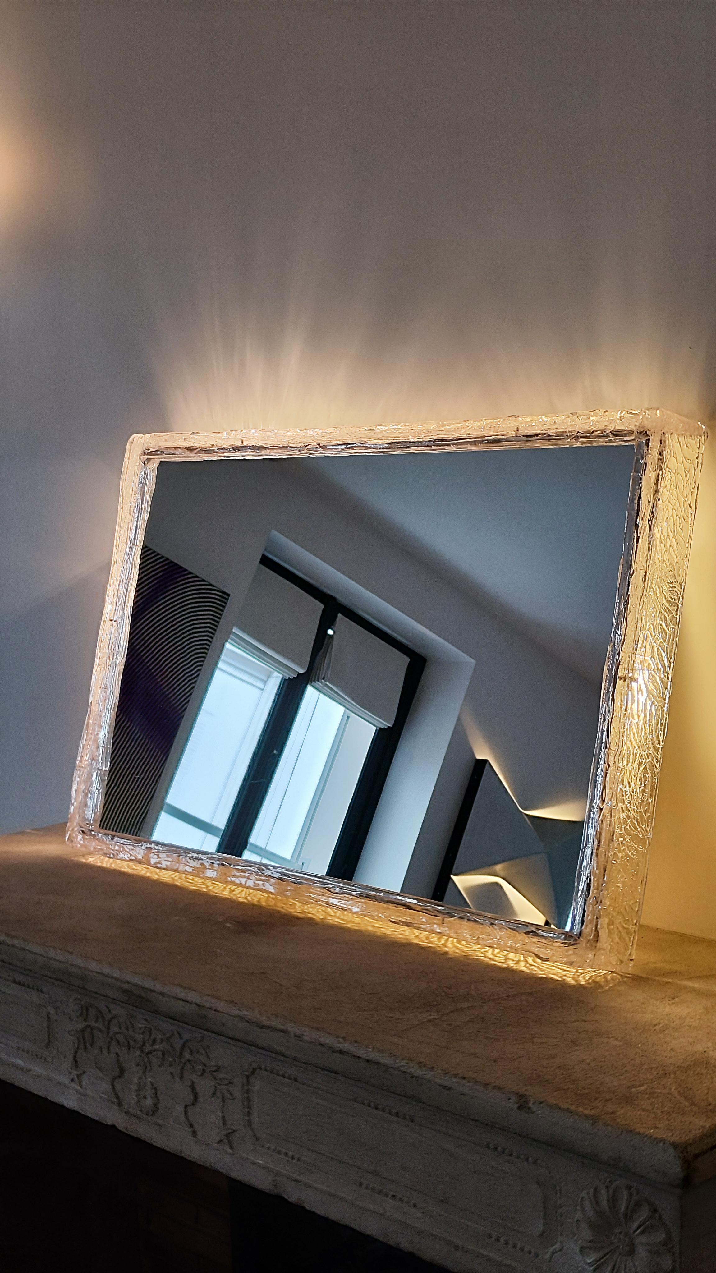 Late 20th Century l=Large backlit mirror from the 70s in lucite and resin. France - Brutalist 1970 For Sale