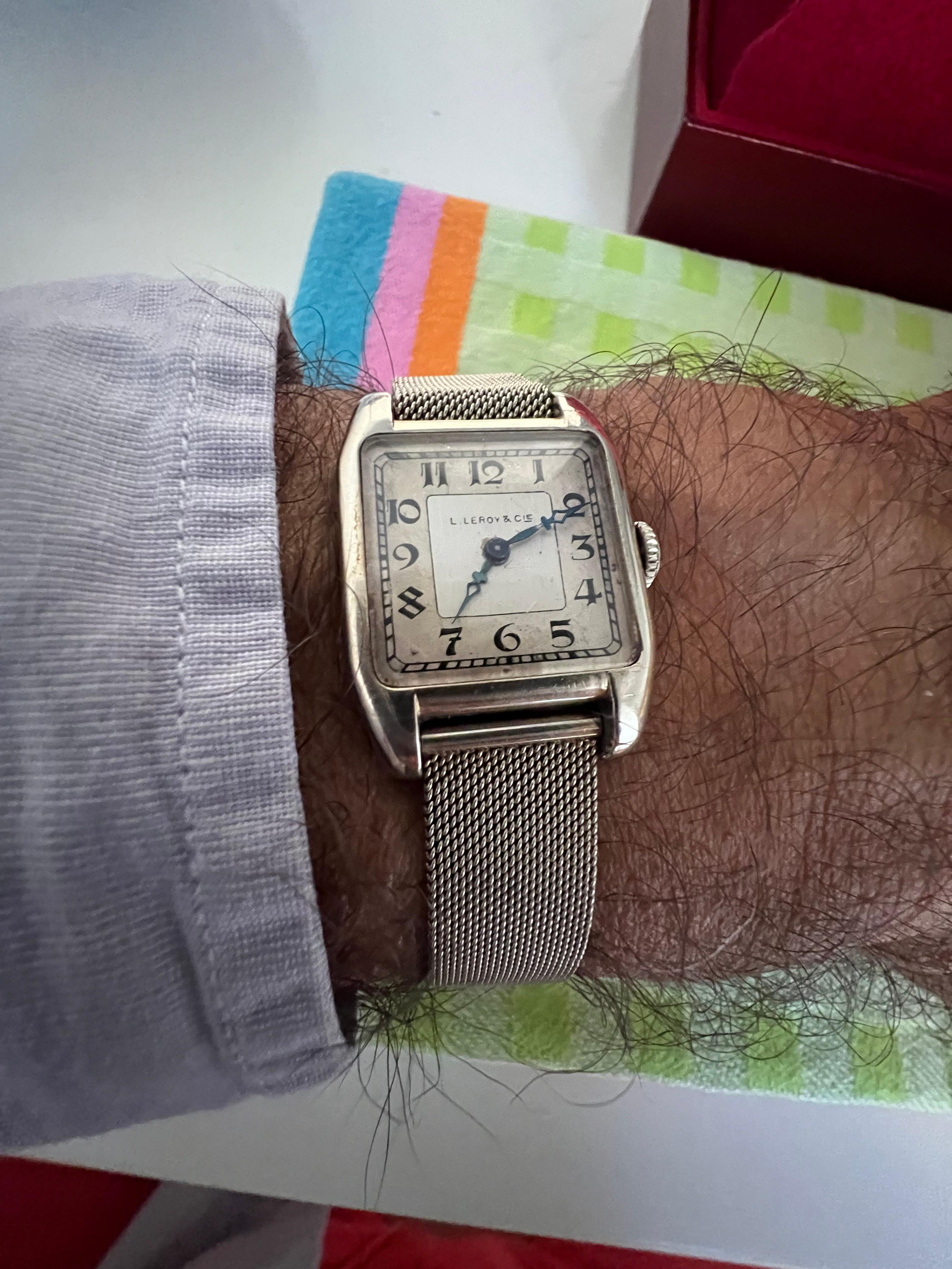 L.Leroy & Cie Platin Panzeruhr mit Armband ca' 1920's im Angebot 5