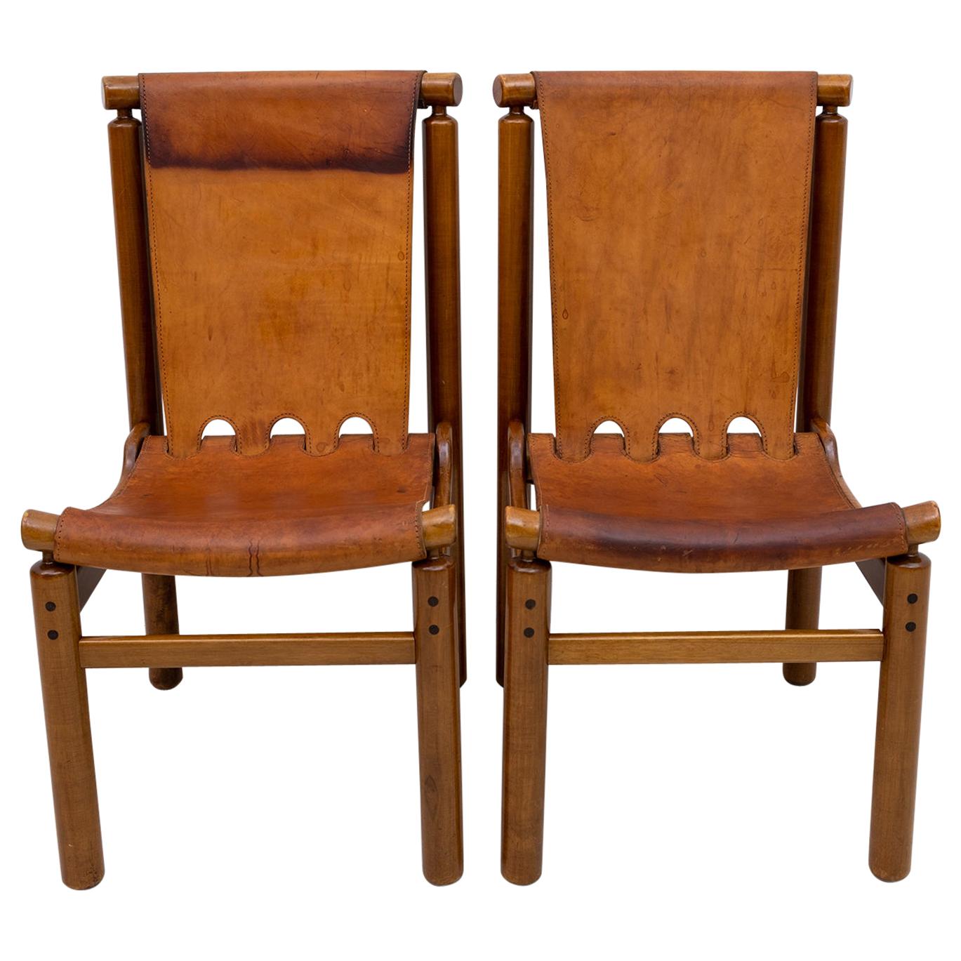 Llmari Tapiovaara Mid-Century Modern Italian Leather Dining Chairs 50s, Pair