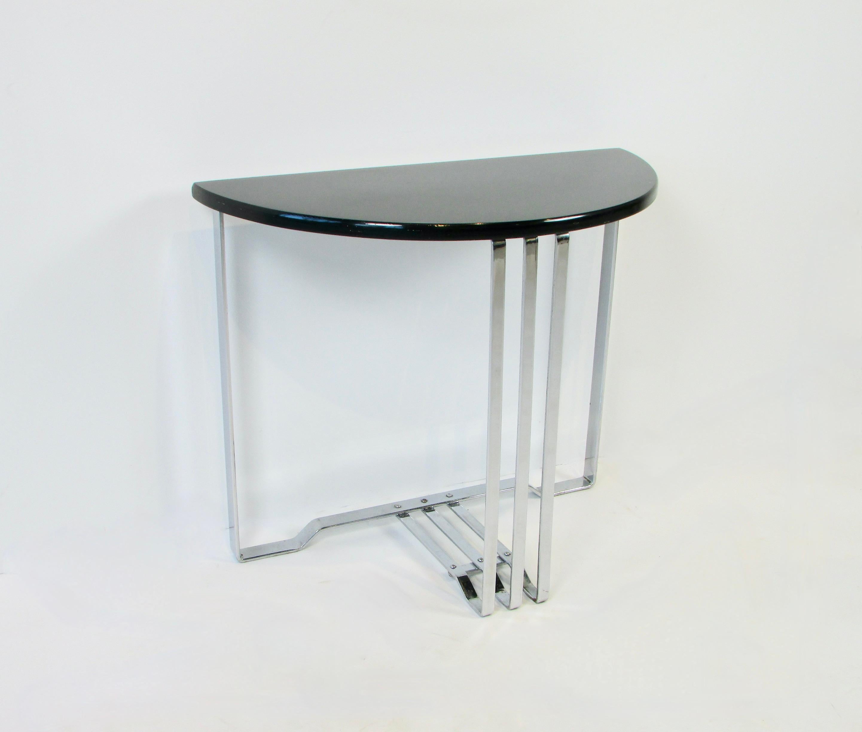 American Lloyd Art Deco Machine Age Black Lacquer on Chrome Demi Lune End Table