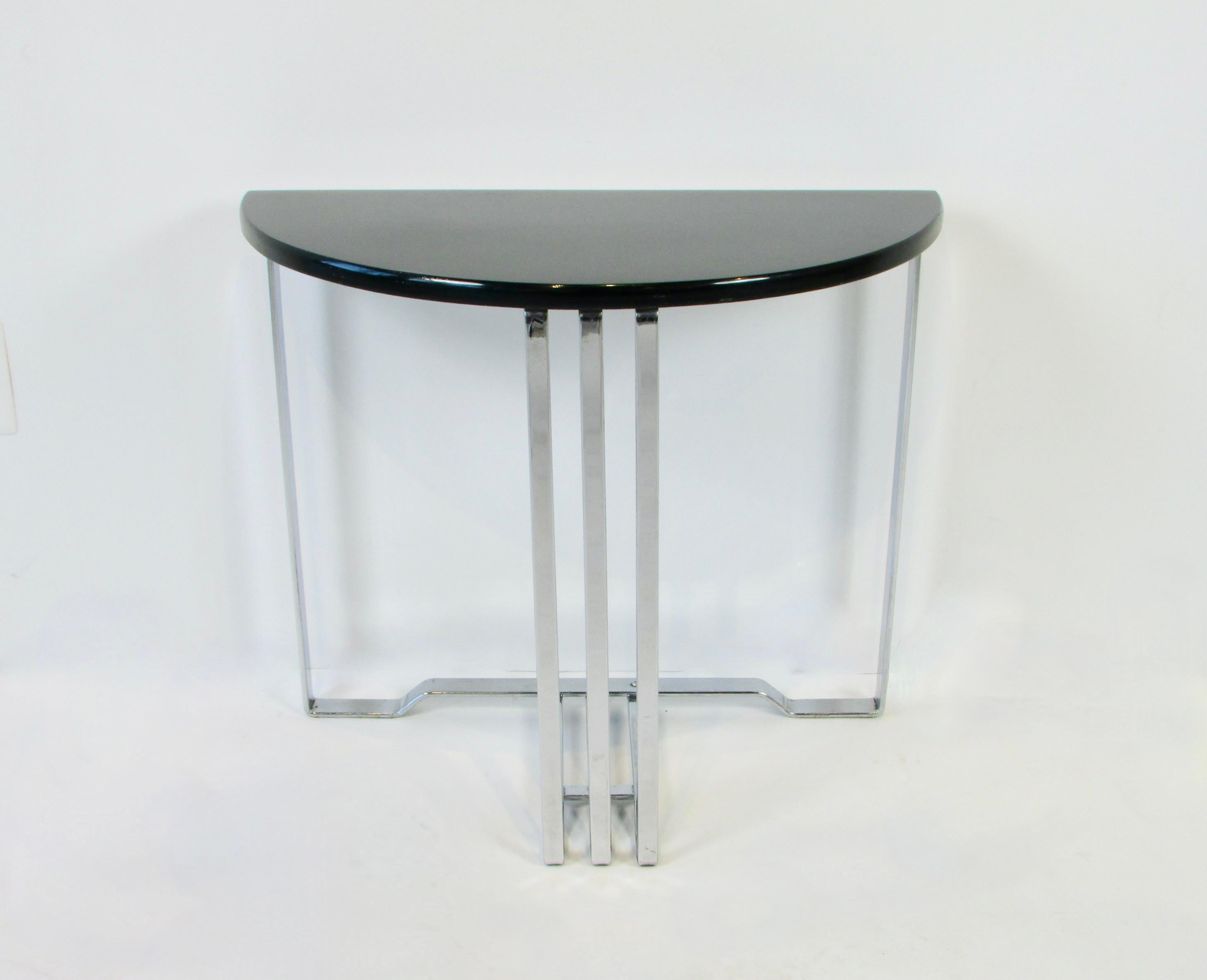 Lacquered Lloyd Art Deco Machine Age Black Lacquer on Chrome Demi Lune End Table