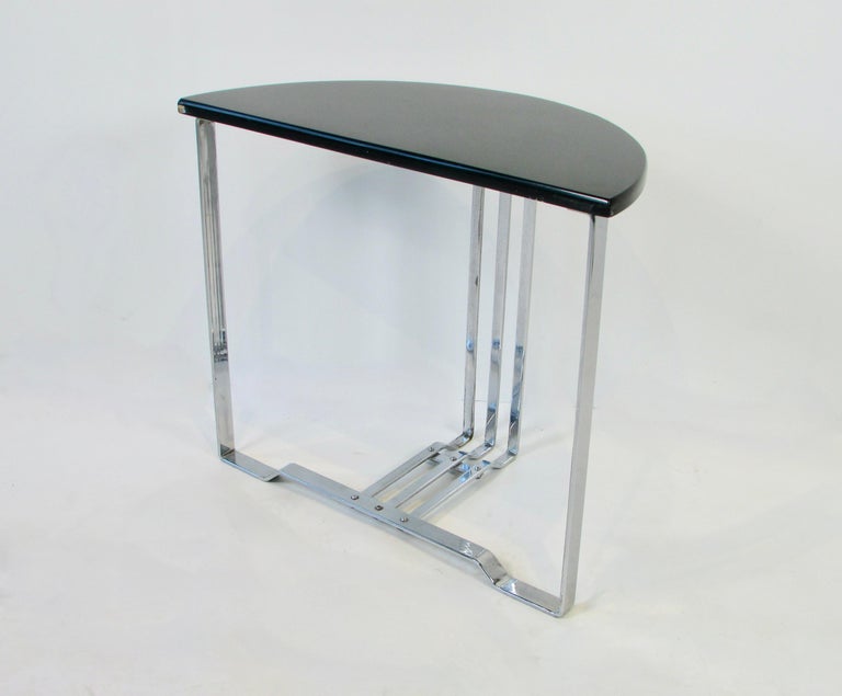 Lloyd Art Deco Machine Age Black Lacquer on Chrome Demi Lune End Table In Good Condition For Sale In Ferndale, MI