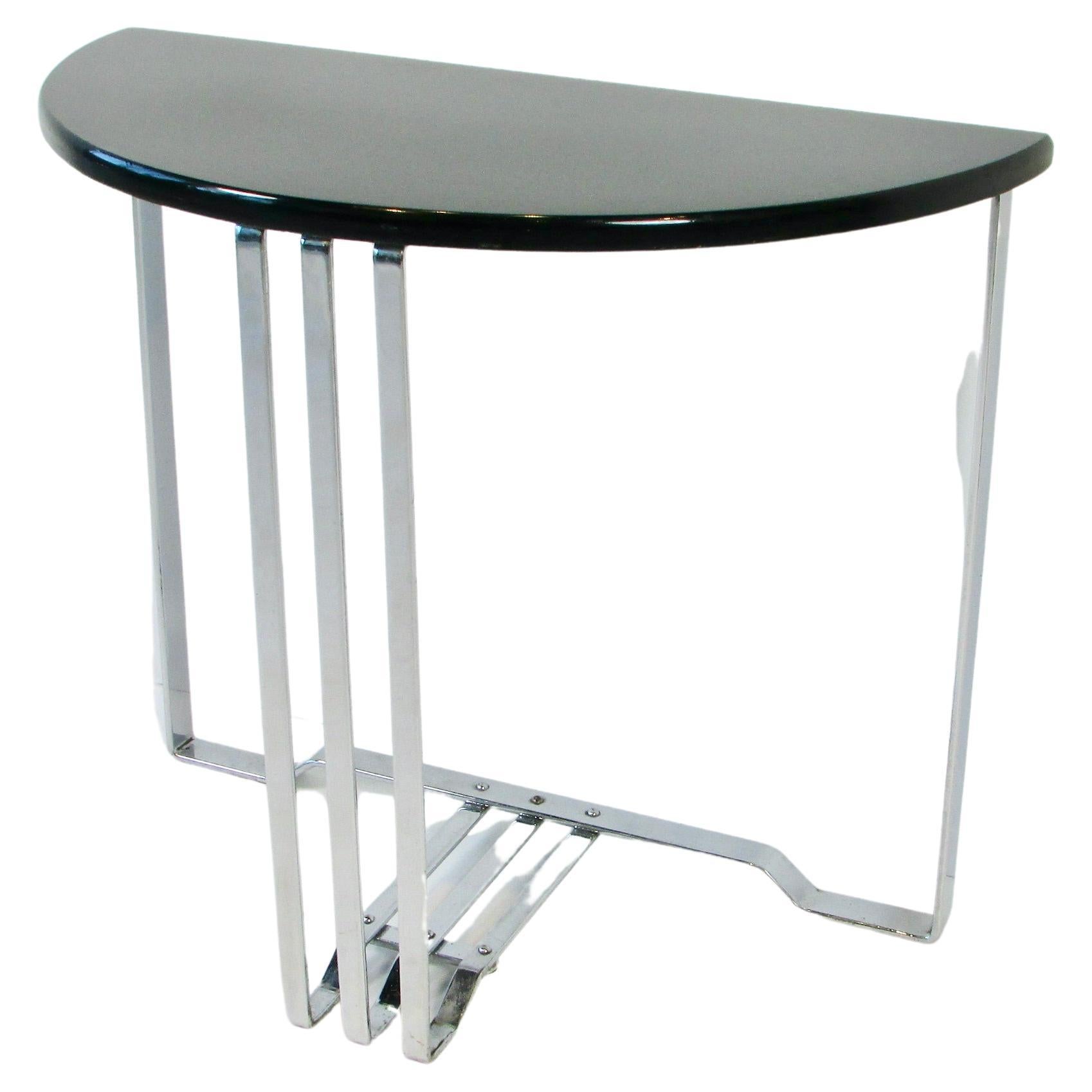 Lloyd Art Deco Machine Age Black Lacquer on Chrome Demi Lune End Table