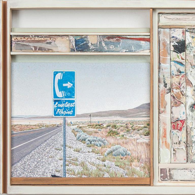 Steve Calls Home on the Loneliest Phone in America, US Highway 50, Nevada - Contemporary Painting by Lloyd Brown