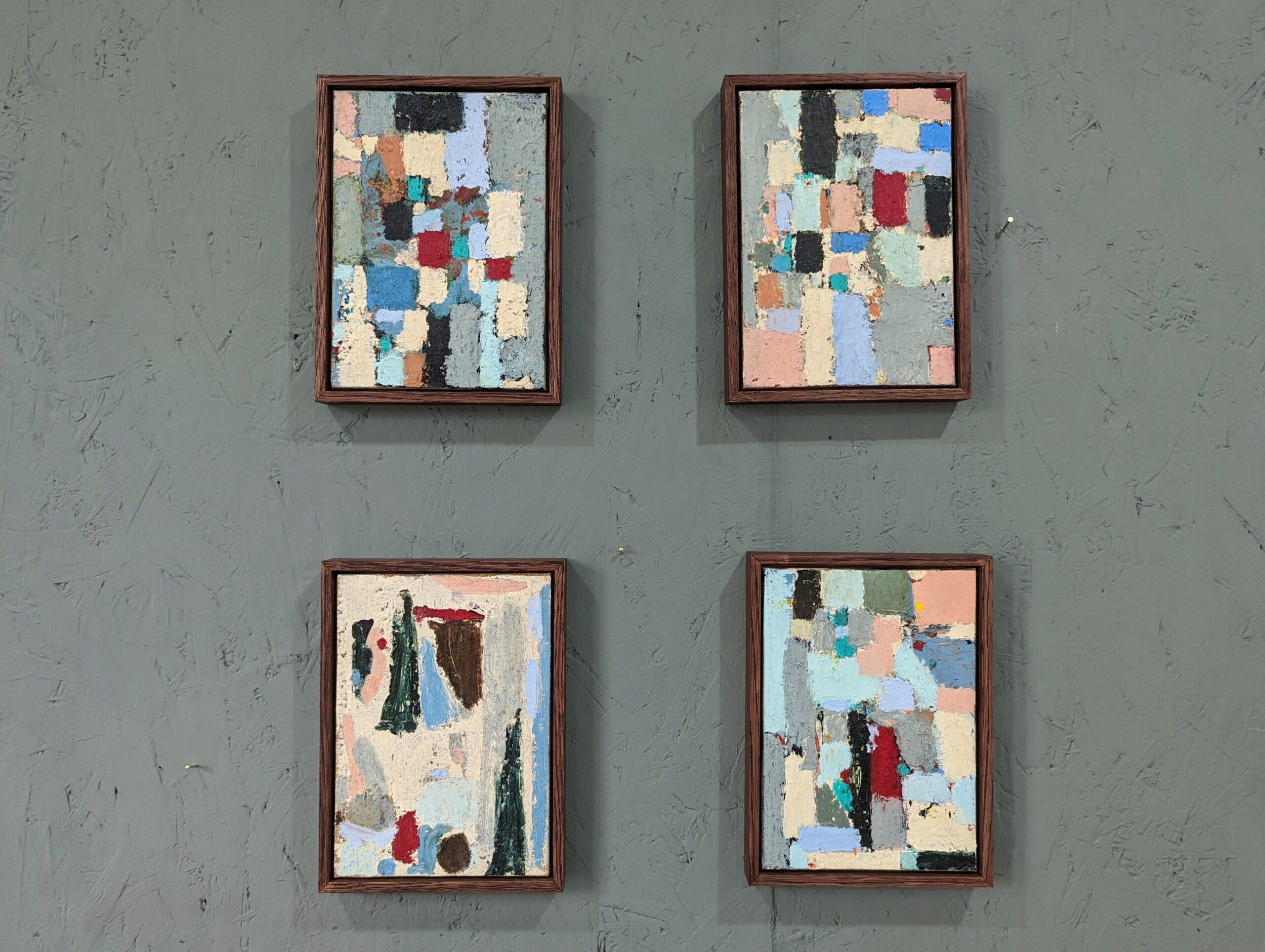 SET OF 4 MINI ABSTRACT OIL PAINTINGS
Size: 20 x 15 cm each (including frame) x4
Oil on linen panel

A small but powerful set of abstract compositions by British artist Lloyd Durling, painted with oil onto linen panel. Each one signed, titled and