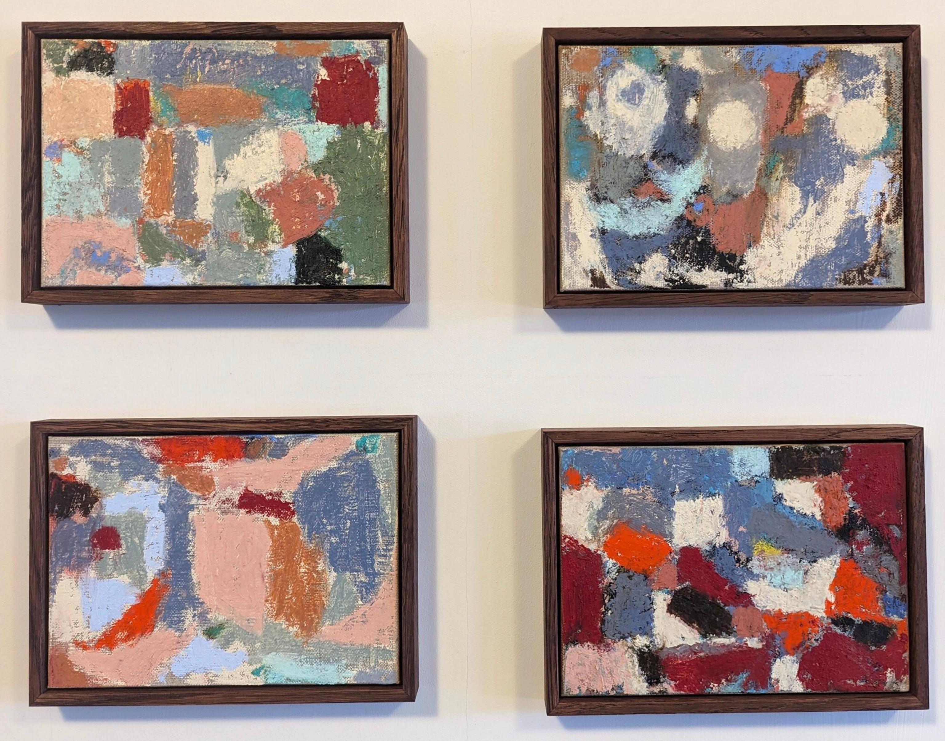SET OF 4 MINI ABSTRACT OIL PAINTINGS
Size: 15 x 20 cm each (including frame) x4
Oil on linen panel

A small but powerful set of abstract compositions by contemporary British artist Lloyd Durling, painted with oil onto linen panel. Each one signed,