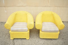 Lloyd Flanders Loom Yellow Wicker Large Oversize Sunroom Lounge Chairs, a Pair