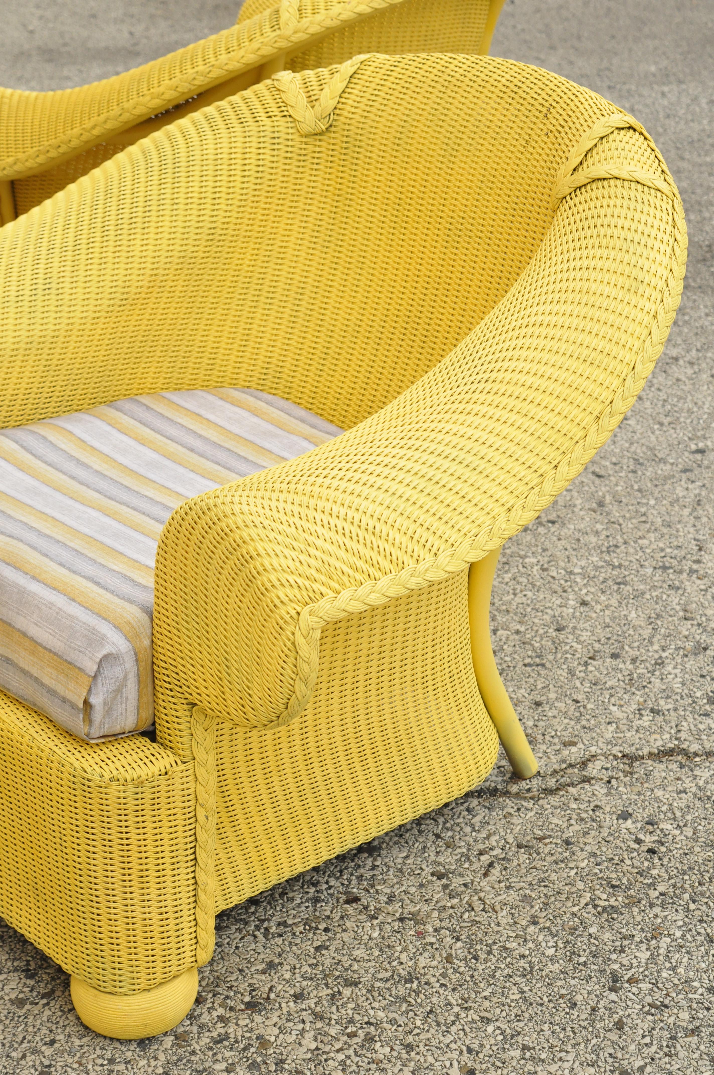 North American Lloyd Flanders Loom Yellow Wicker Large Oversize Sunroom Lounge Chairs, a Pair