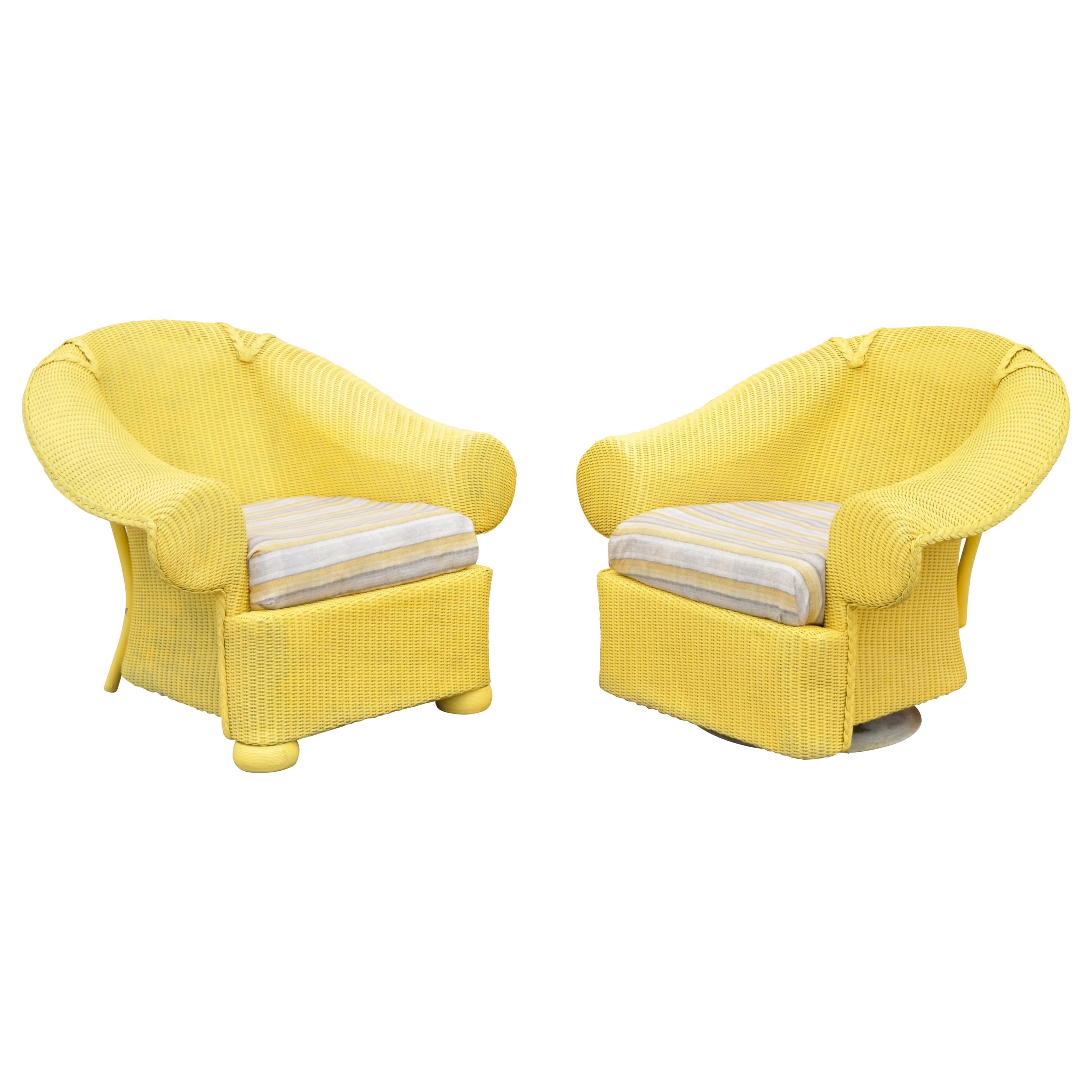 Lloyd Flanders Loom Yellow Wicker Large Oversize Sunroom Lounge Chairs, a Pair