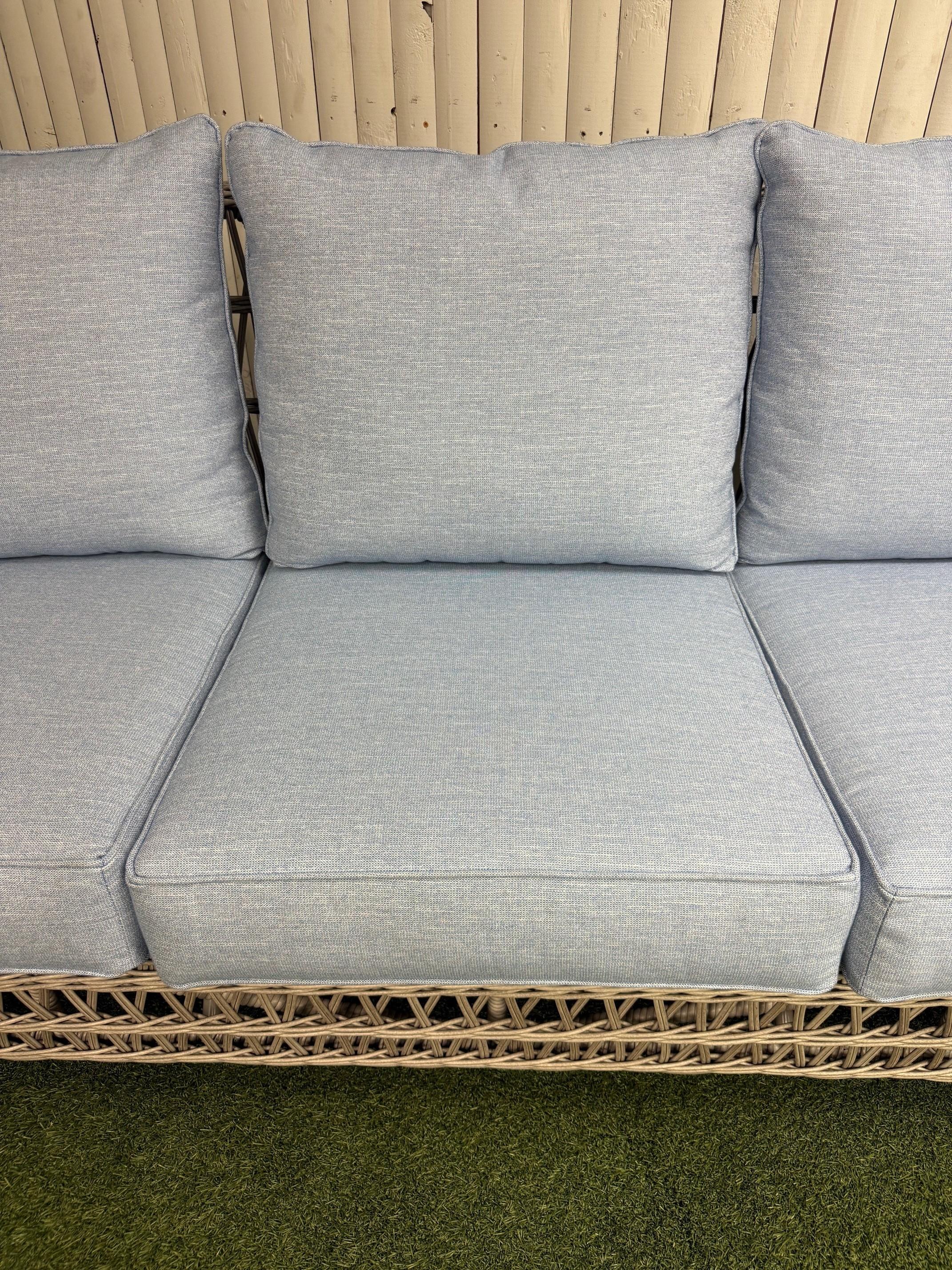 Lloyd Flanders Wicker Mackinac Collection Sofa with Sunbrella Cushions New In Excellent Condition In Stamford, CT