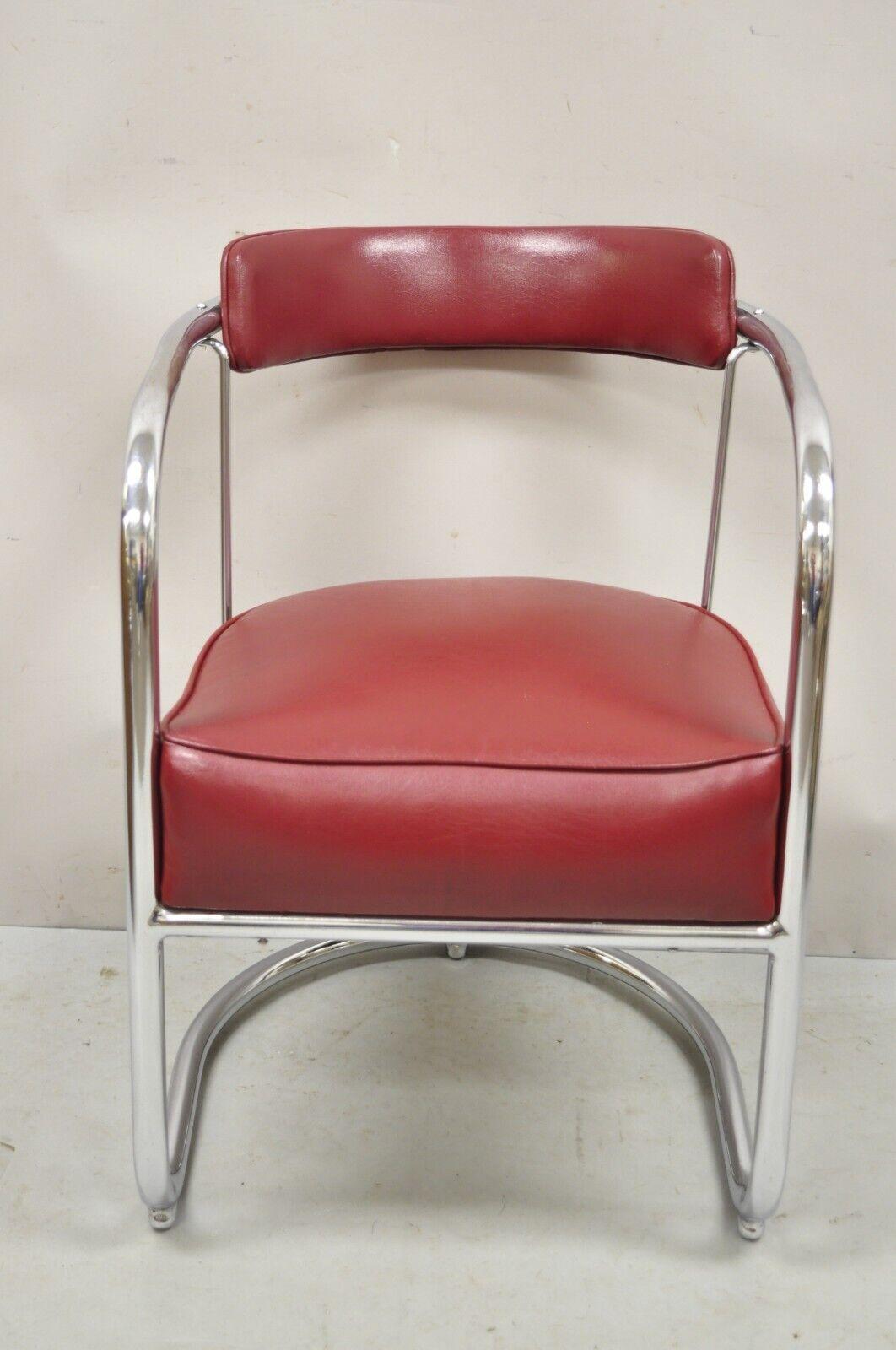Lloyd Kem Weber Tubular chrome steel red vinyl cantilever arm chair. Item features red vinyl upholstery, tubular chrome metal frame, very nice vintage item, quality American craftsmanship, great style and form, attributed to Kem Weber for Lloyd.