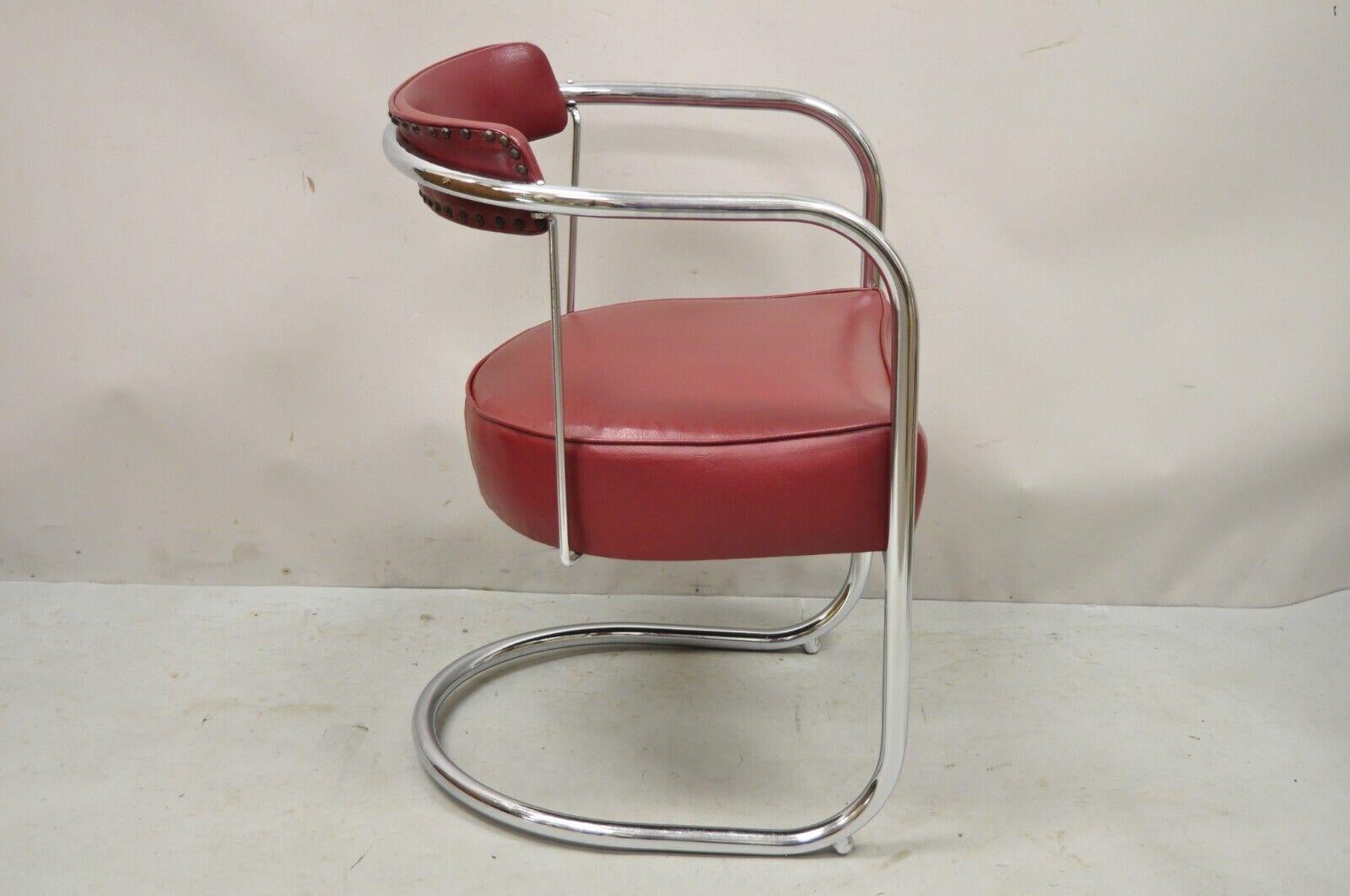 Art Deco Lloyd Kem Weber Tubular Chrome Steel Red Vinyl Cantilever Arm Chair For Sale