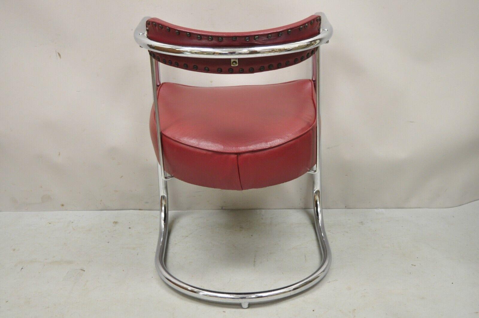 Lloyd Kem Weber Tubular Chrome Steel Red Vinyl Cantilever Arm Chair In Good Condition For Sale In Philadelphia, PA