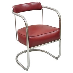 Lloyd Kem Weber Tubular Chrome Steel Red Vinyl Cantilever Arm Chair