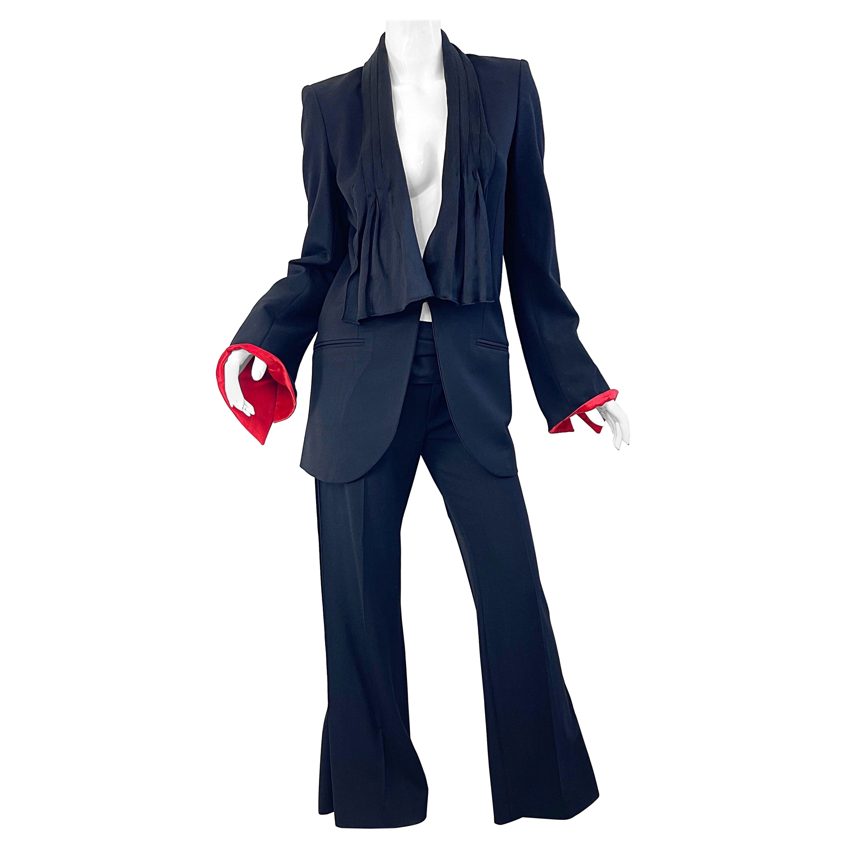 Lloyd Klein 2000s Black and Red Size 8 / 40 Wide Flare Leg Y2K Jacket Pant Suit For Sale