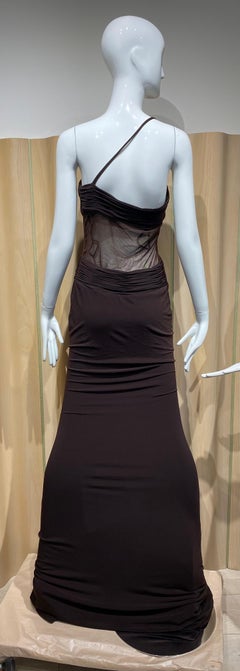 Lloyd Klein Brown Jersey One shoulder Gown with sheer bodice
