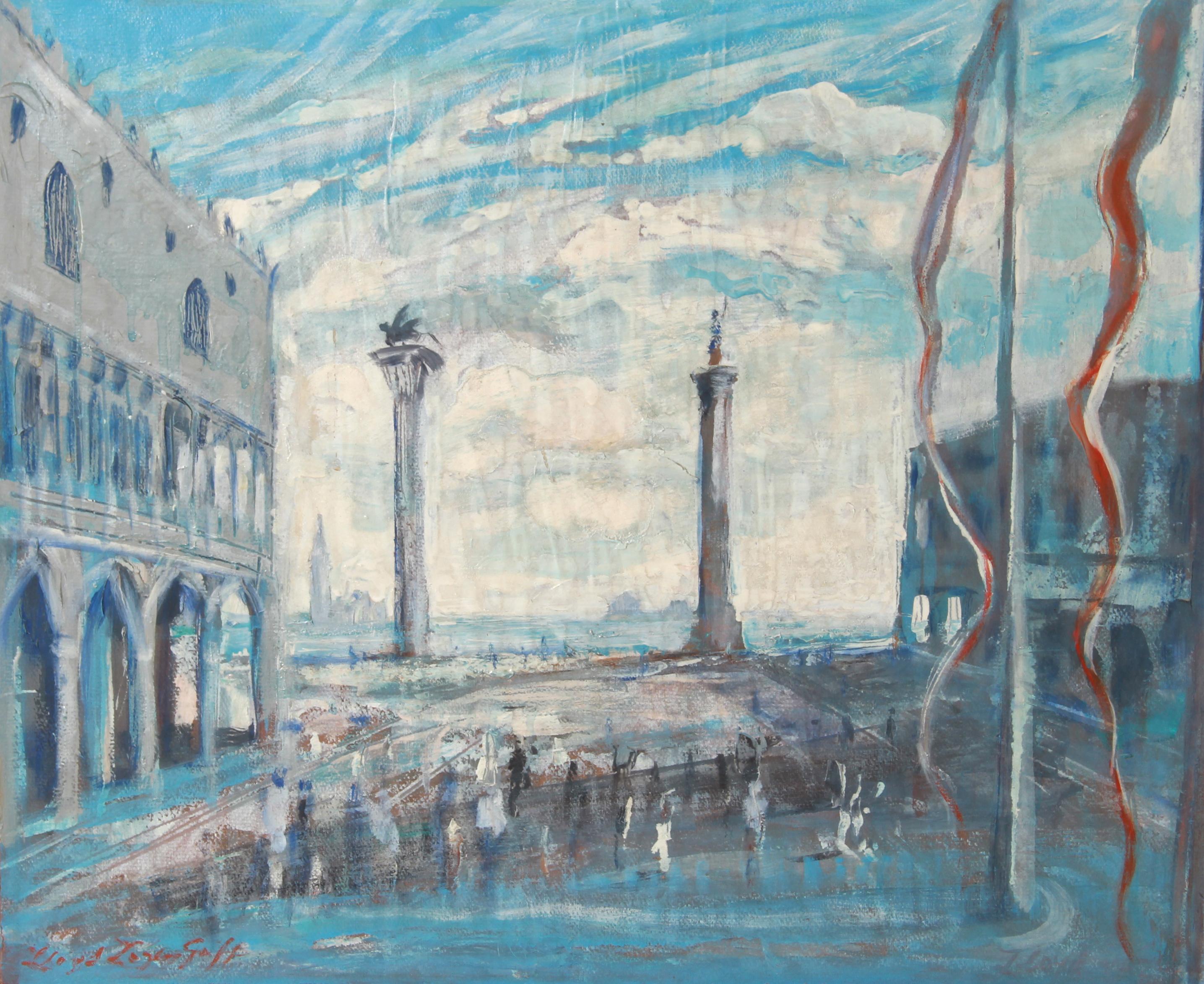Piazetta (Venezia) di Lloyd Lozes Goff, americano (1918-1982)
Data: circa 1970
Olio e tecnica mista su pannello, firmato in basso a sinistra
Dimensioni: 20 x 24,5 pollici (50,8 cm x 62,23 cm)