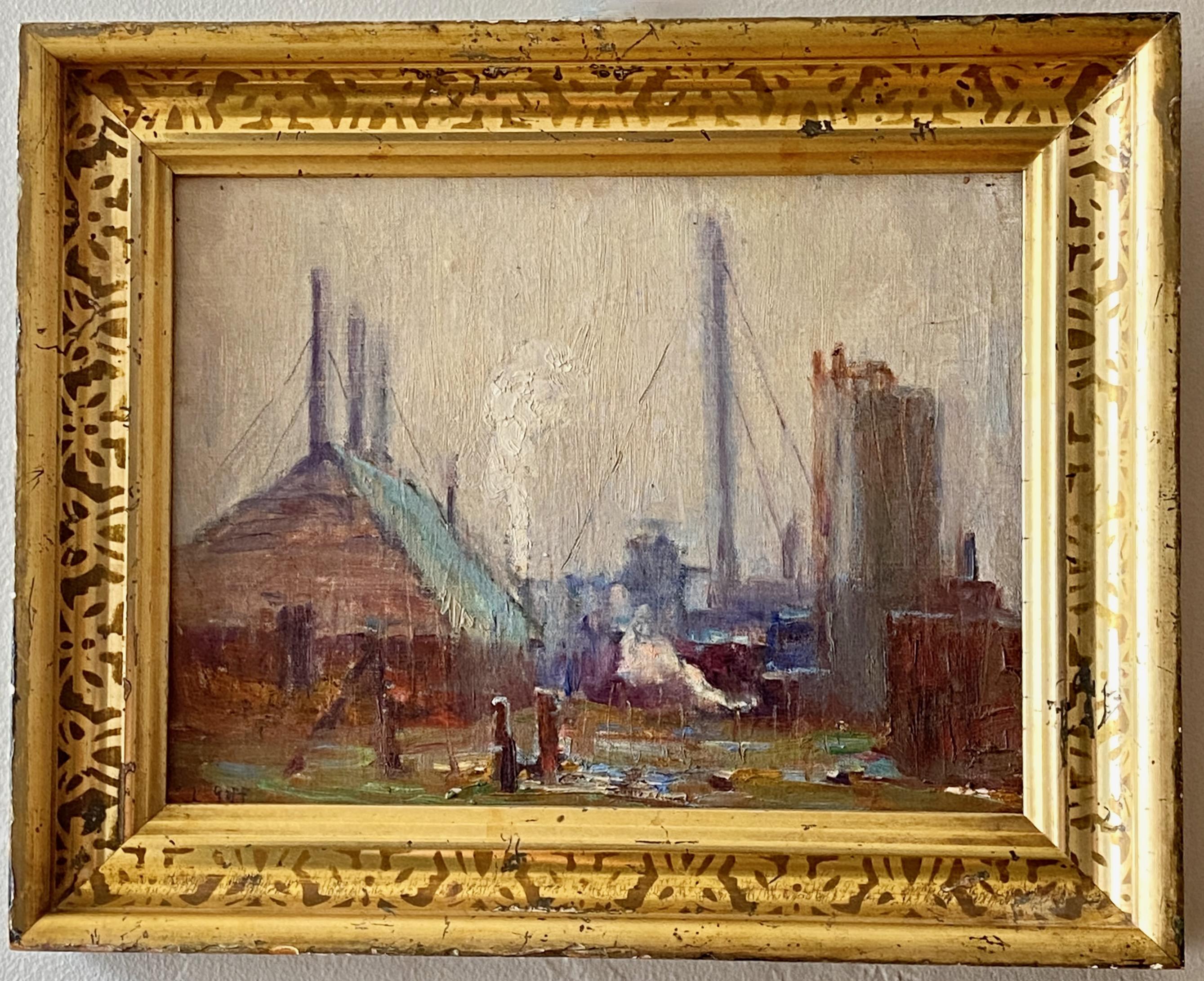 Lloyd Lozes Goff painting of a rural industrial landscape in gilt wood frame.  
Signed oil on board.

Lloyd Lozes Goff (1908–1982) was an American painter. Goff was born in 1908 in Dallas, Texas. He studied at the Art Students League and the