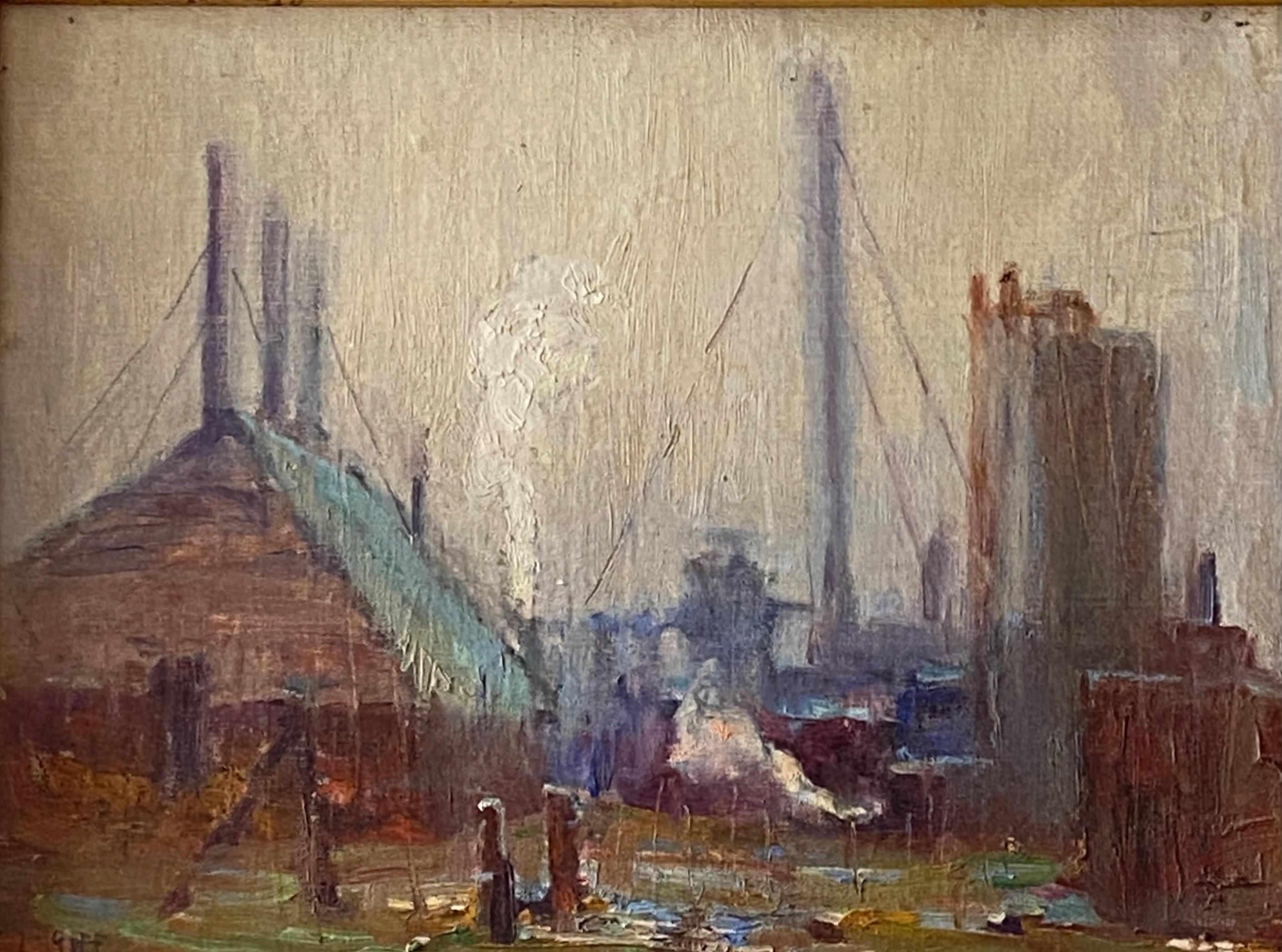 Hand-Painted Lloyd Lozes Goff Industrial Landscape Painting, American 20th Century For Sale