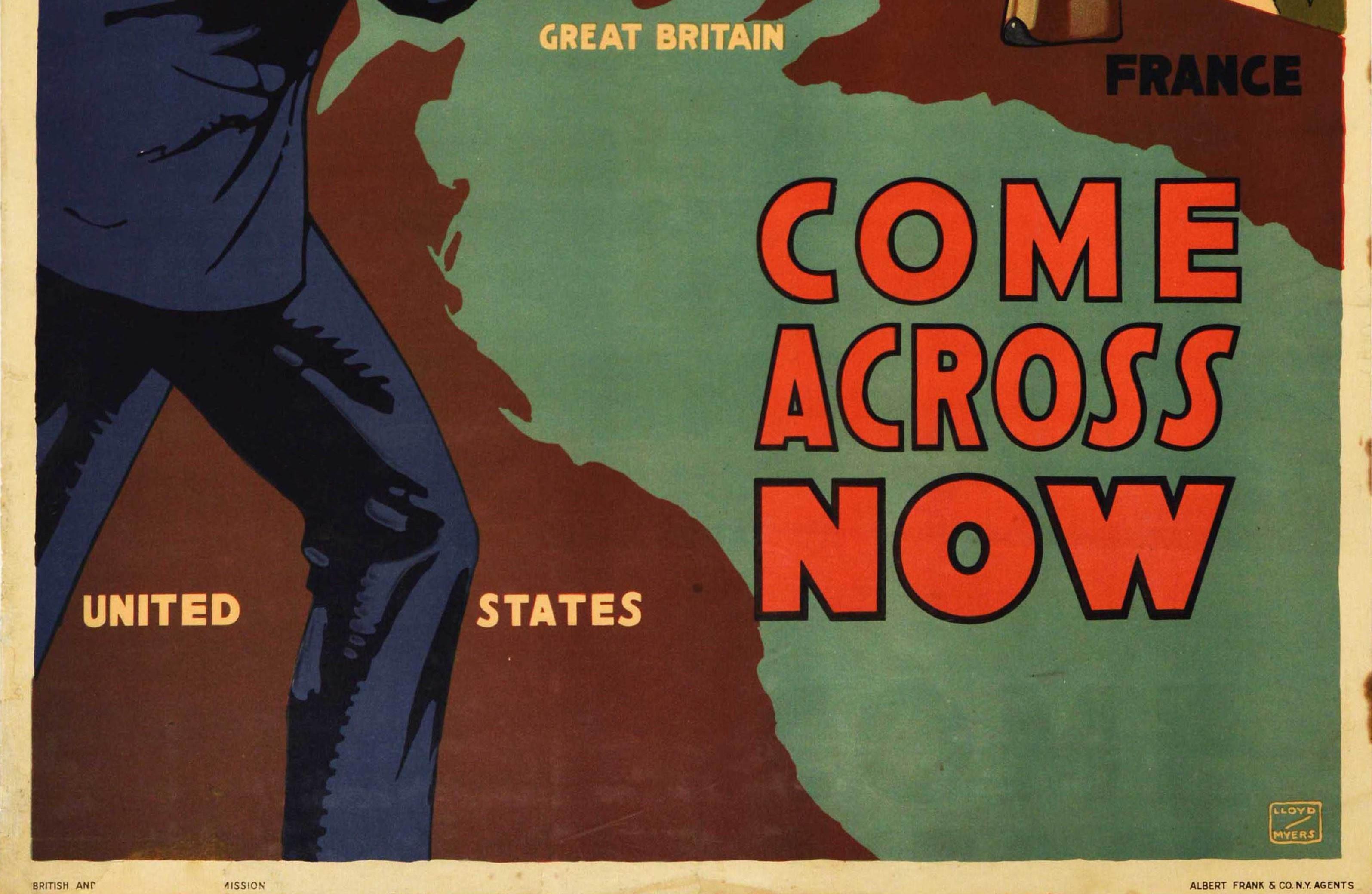 Original Antikes Original WWI-Rekrutierungsplakat Britishers You're Needed Come Across Now (Schwarz), Print, von Lloyd Myers